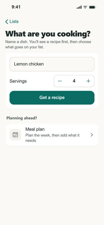 What are you cooking? with Lemon chicken typed in and servings set to 4.