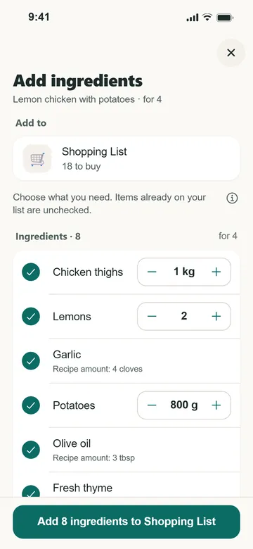Add ingredients: each ingredient with a tick and an amount, and a button to add 8 ingredients to the Shopping List.
