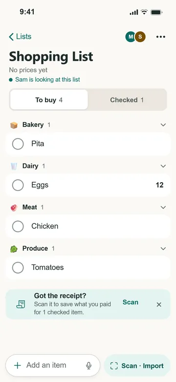 Maya's phone showing the same list: 4 to buy and 1 checked, with a note that Sam is looking at this list.