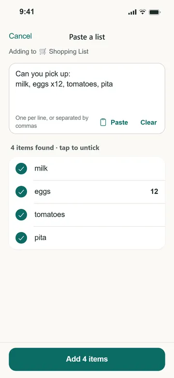 The Paste a list screen with Sam's message pasted in and 4 items found: milk, eggs 12, tomatoes, pita.