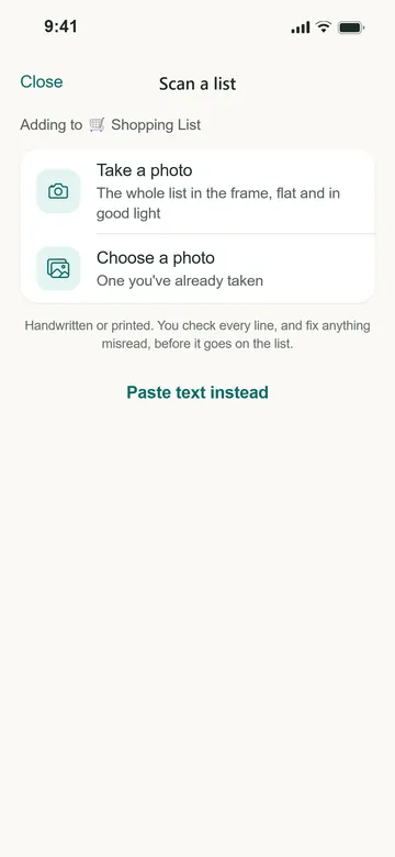 The Scan a list screen with Take a photo and Choose a photo.